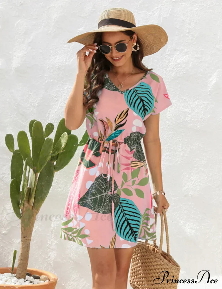 V-Neck Flowered Loose Gown Brief Arm With Print M / Blue