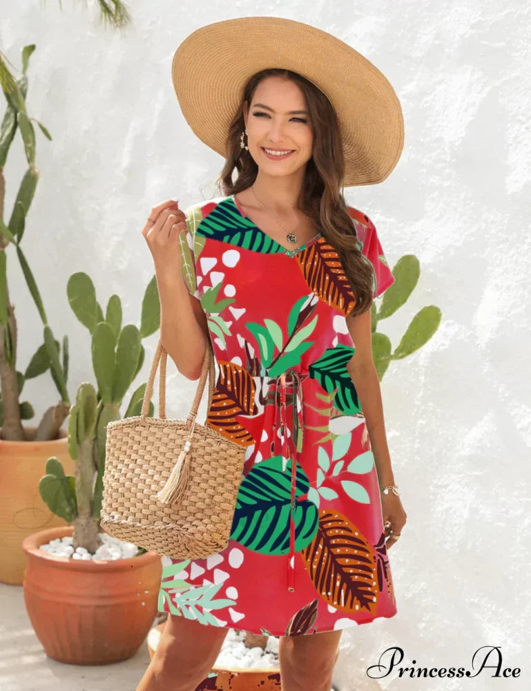 V-Neck Flowered Loose Gown Brief Arm With Print M / Green