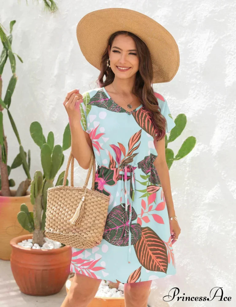 V-Neck Flowered Loose Gown Brief Arm With Print M / Red