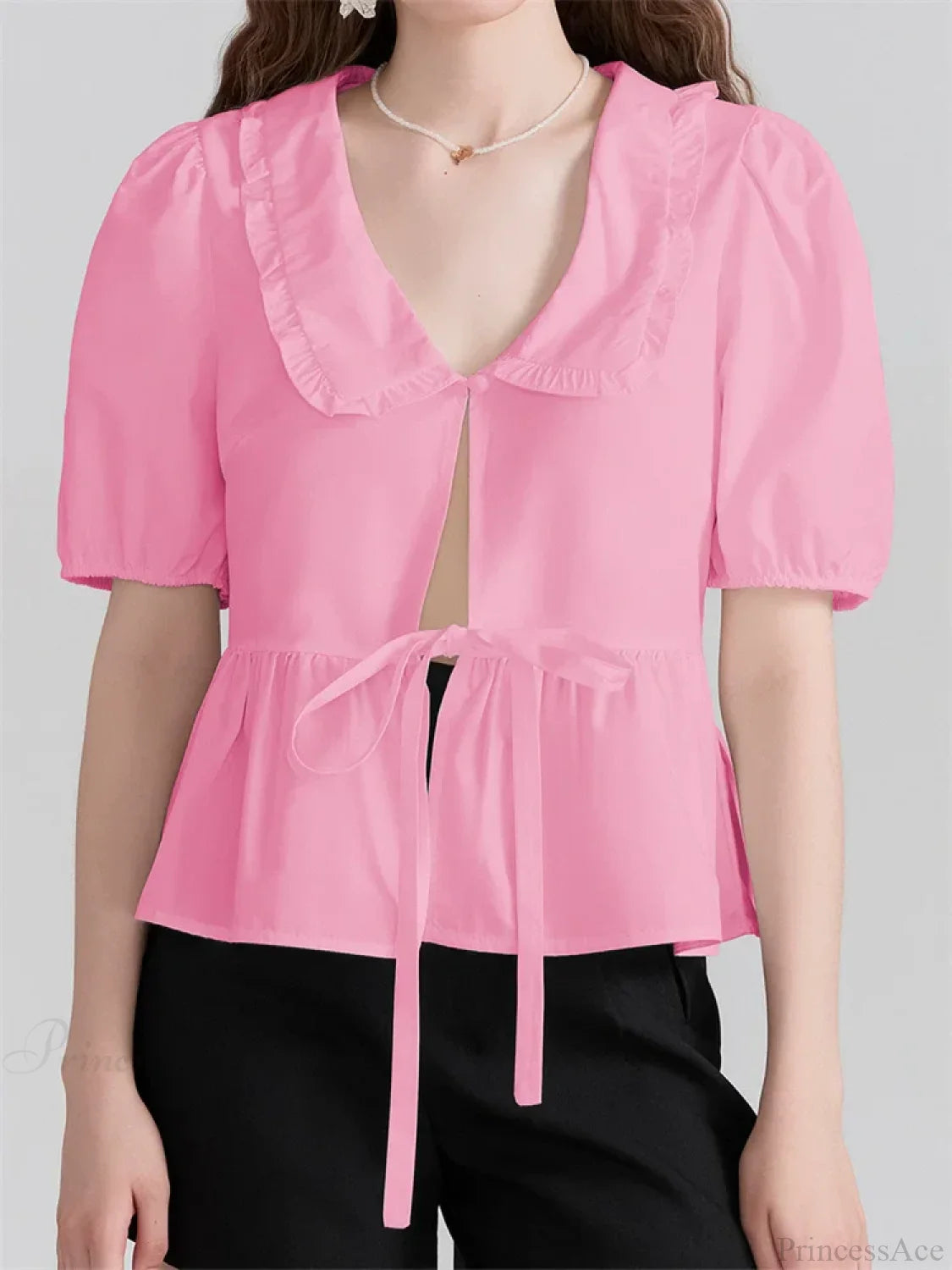 V-neck Front Bowknot Tie-Up Blouse pink / S blouse-250223