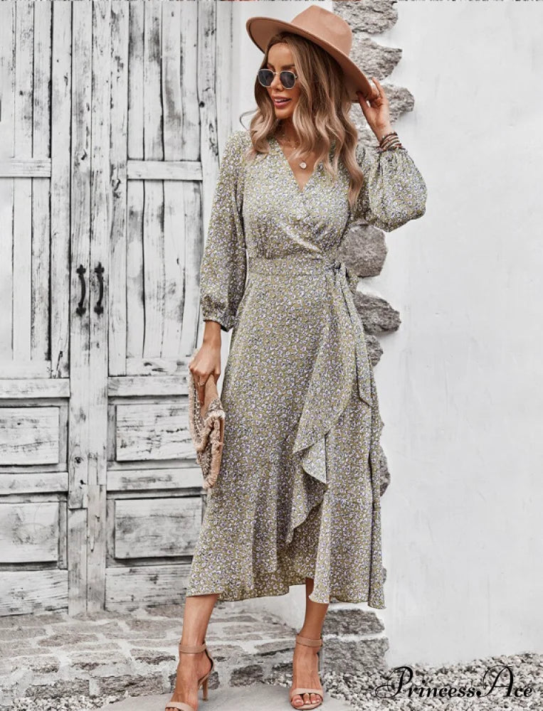 V Neck Full Sleeve High Waist Bandage Print Dress For Spring/Autumn L / Blue Dresses