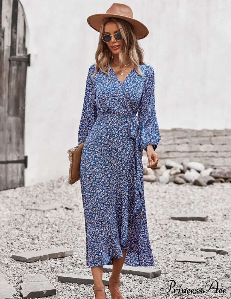 V Neck Full Sleeve High Waist Bandage Print Dress For Spring/Autumn L / Khaki Dresses