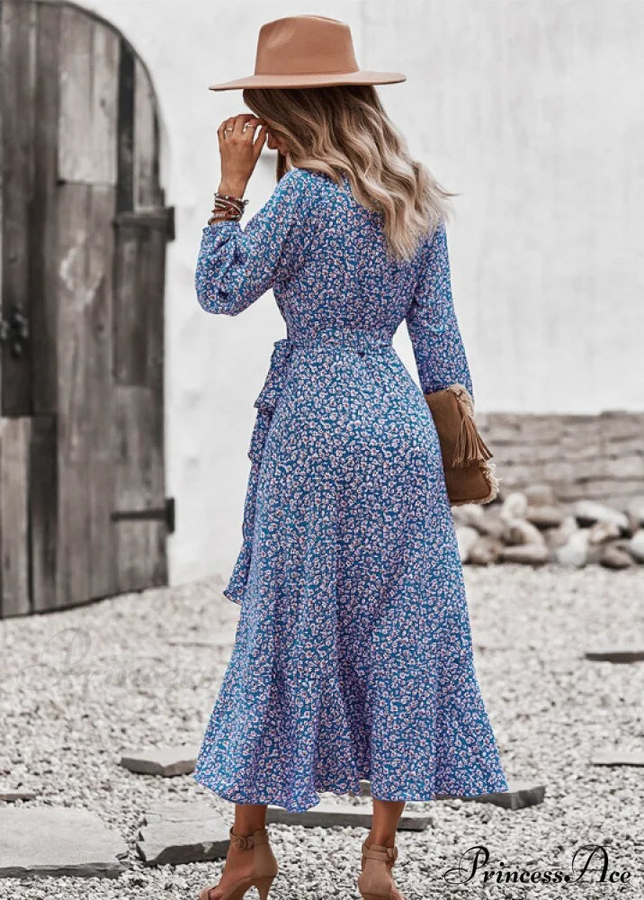 V Neck Full Sleeve High Waist Bandage Print Dress For Spring/Autumn L / Red Dresses