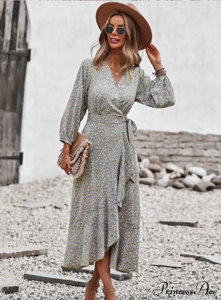 V Neck Full Sleeve High Waist Bandage Print Dress For Spring/Autumn L / Yellow Dresses