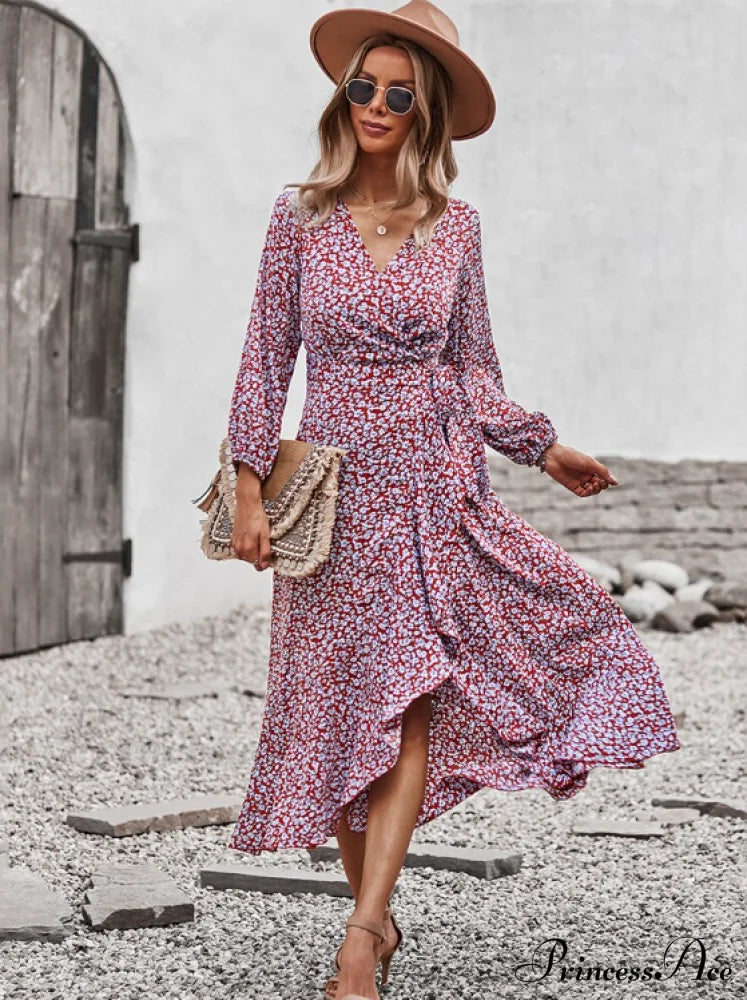 V Neck Full Sleeve High Waist Bandage Print Dress For Spring/Autumn M / Black Dresses