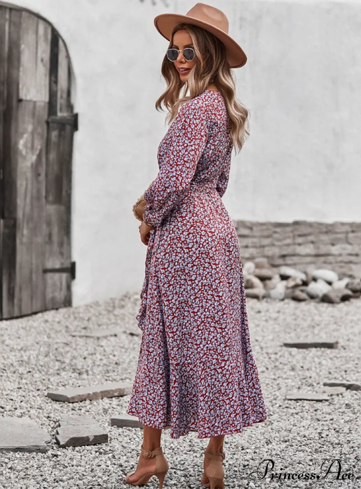 V Neck Full Sleeve High Waist Bandage Print Dress For Spring/Autumn M / Khaki Dresses