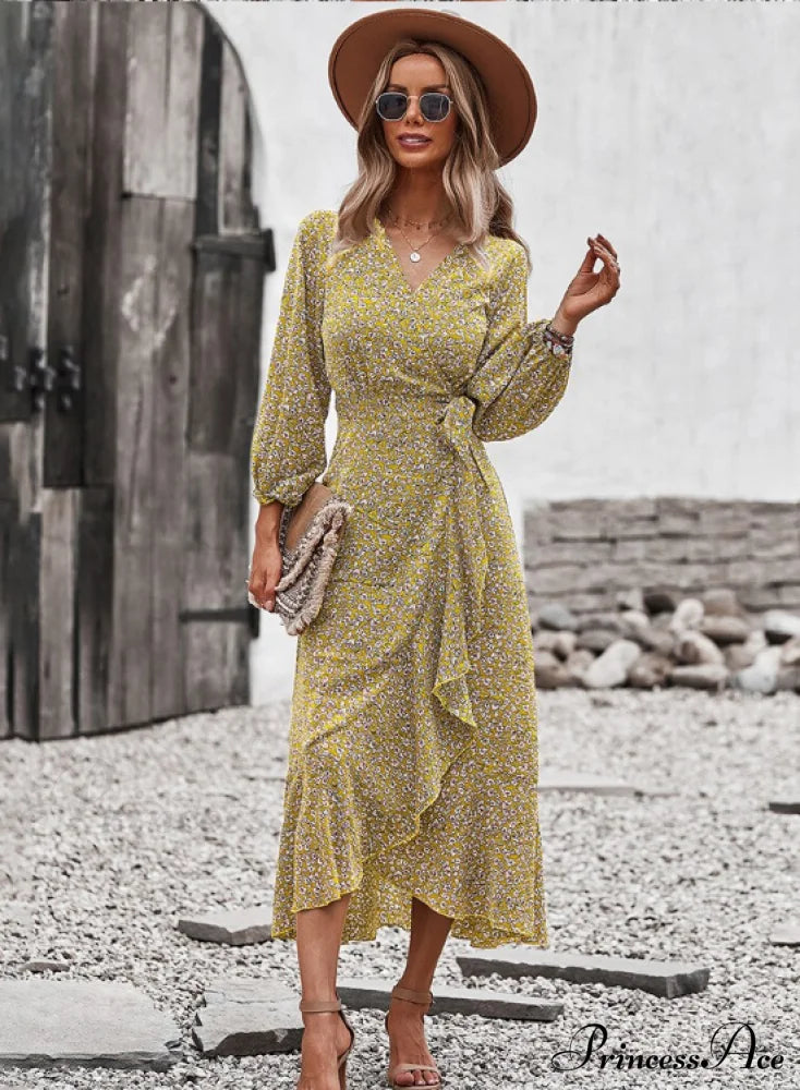 V Neck Full Sleeve High Waist Bandage Print Dress For Spring/Autumn S / Blue Dresses
