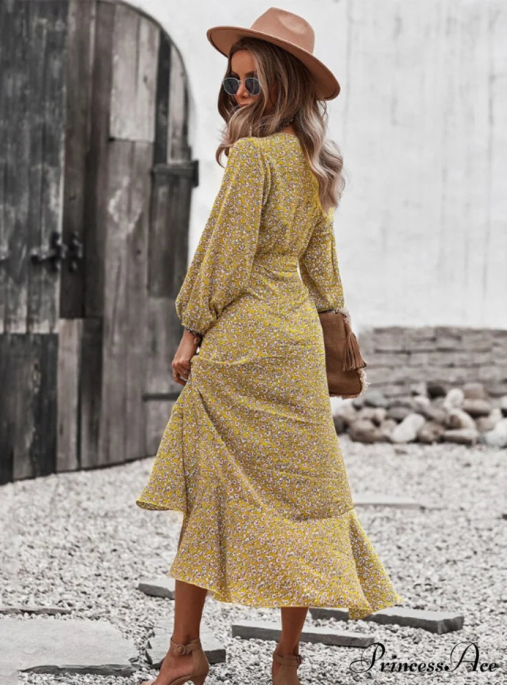 V Neck Full Sleeve High Waist Bandage Print Dress For Spring/Autumn S / Red Dresses