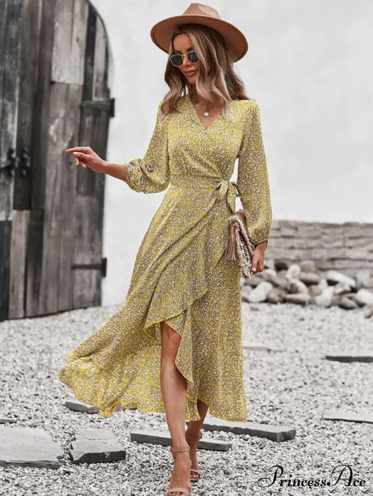 V Neck Full Sleeve High Waist Bandage Print Dress For Spring/Autumn S / Yellow Dresses