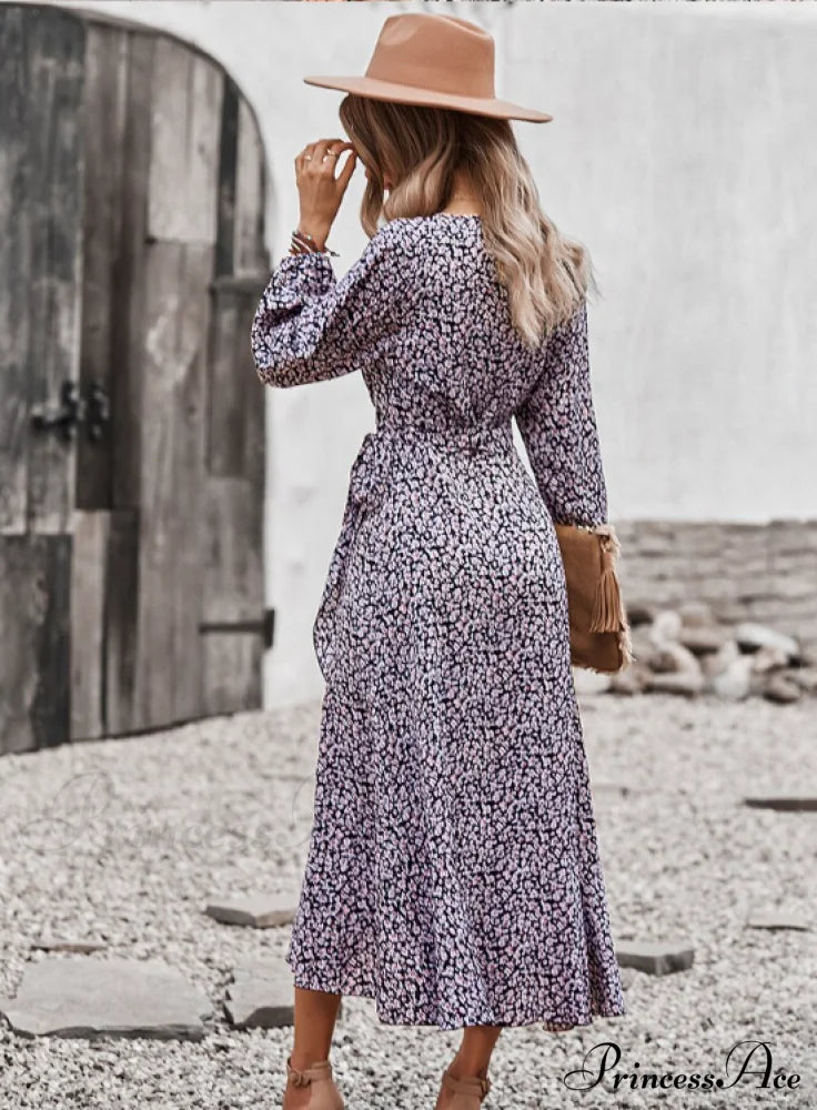 V Neck Full Sleeve High Waist Bandage Print Dress For Spring/Autumn Xl / Black Dresses