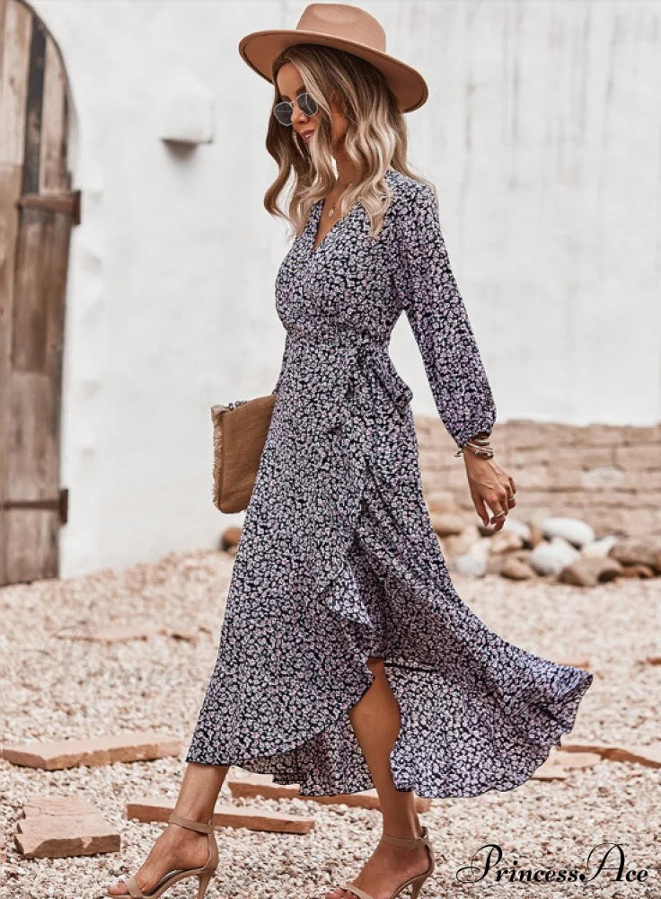 V Neck Full Sleeve High Waist Bandage Print Dress For Spring/Autumn Xl / Blue Dresses