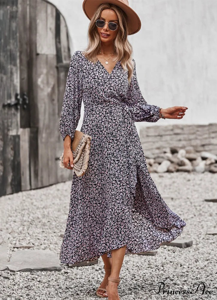 V Neck Full Sleeve High Waist Bandage Print Dress For Spring/Autumn Xl / Yellow Dresses