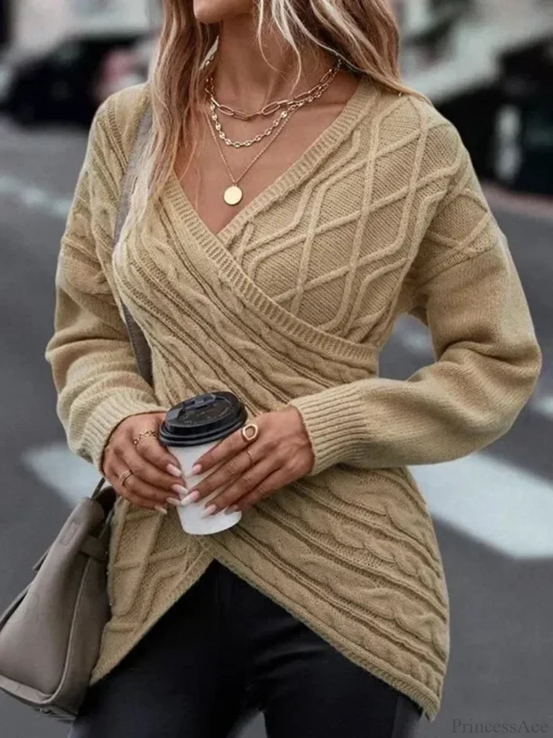 V - Neck Jacquard Gray Y2k Sweater khaki / S