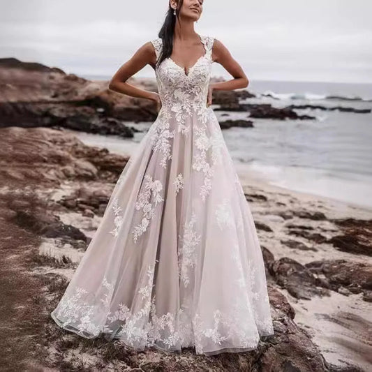 V-Neck Lace A-Line Wedding Dress weddingdress-250223