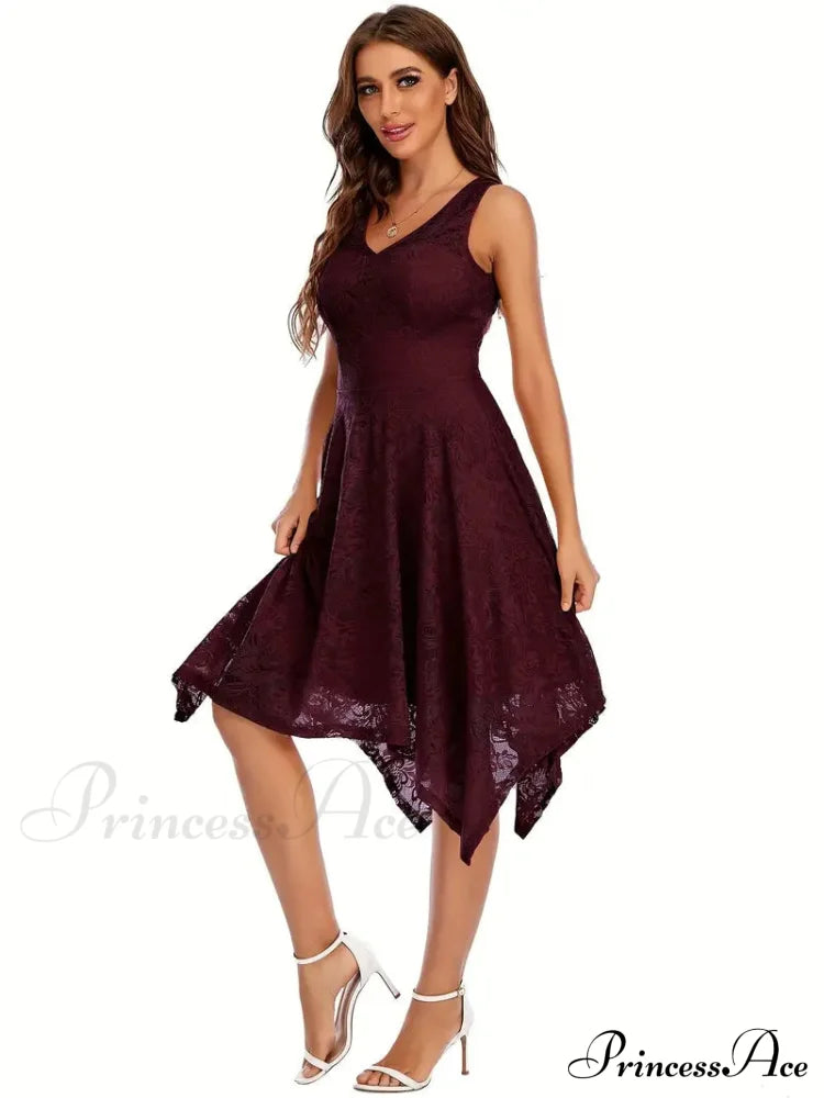 V Neck Lace Dress With Asymmetrical Hem M / Navy Navy Lace High Low Dress