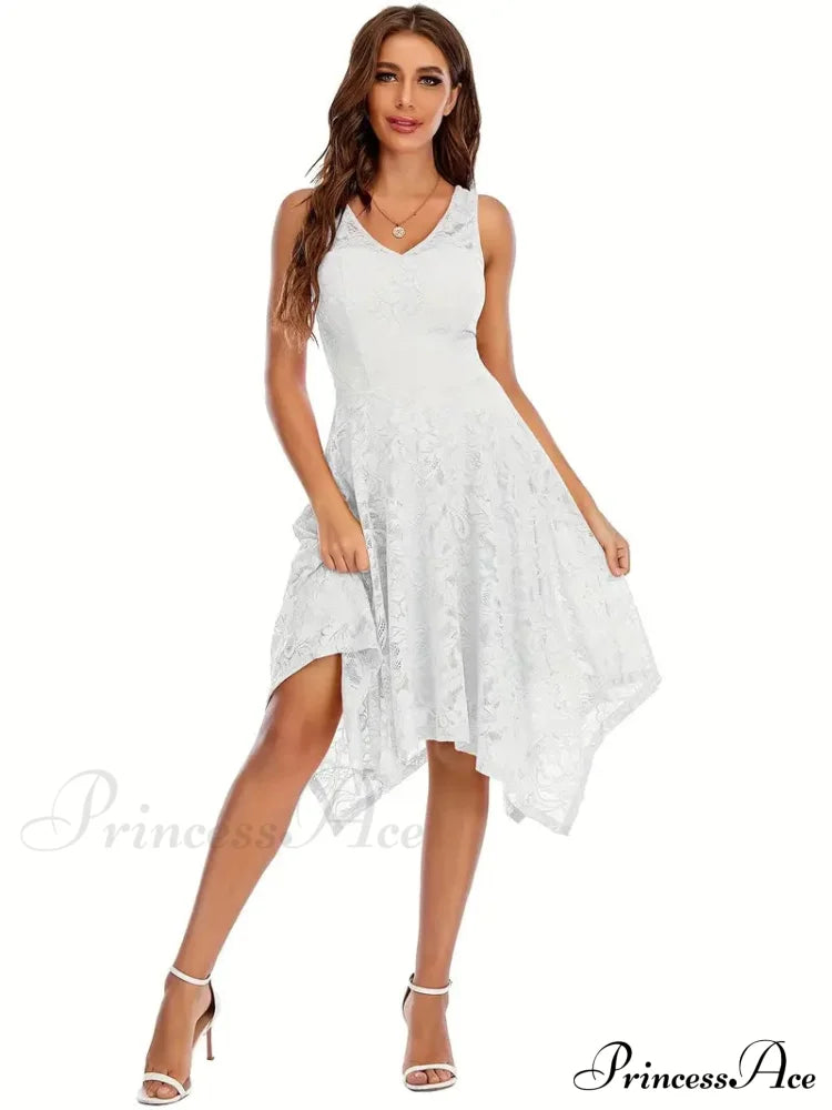 V Neck Lace Dress With Asymmetrical Hem S / White Navy Lace High Low Dress