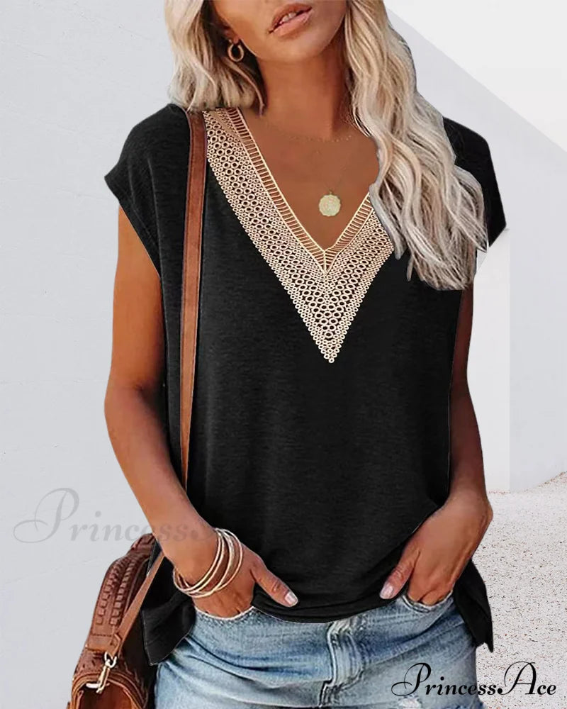 V-Neck Lace Tee T-Shirts