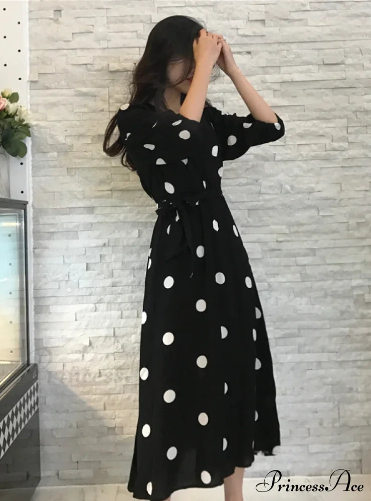 V-Neck Long Dress Casual Half Sleeve Dot For Women Dresses
