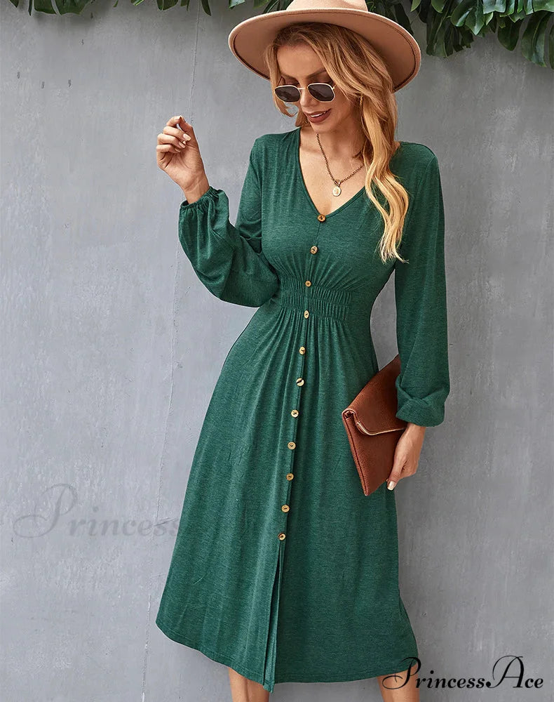 V-Neck Long Sleeve A-Line Dress S / Gray