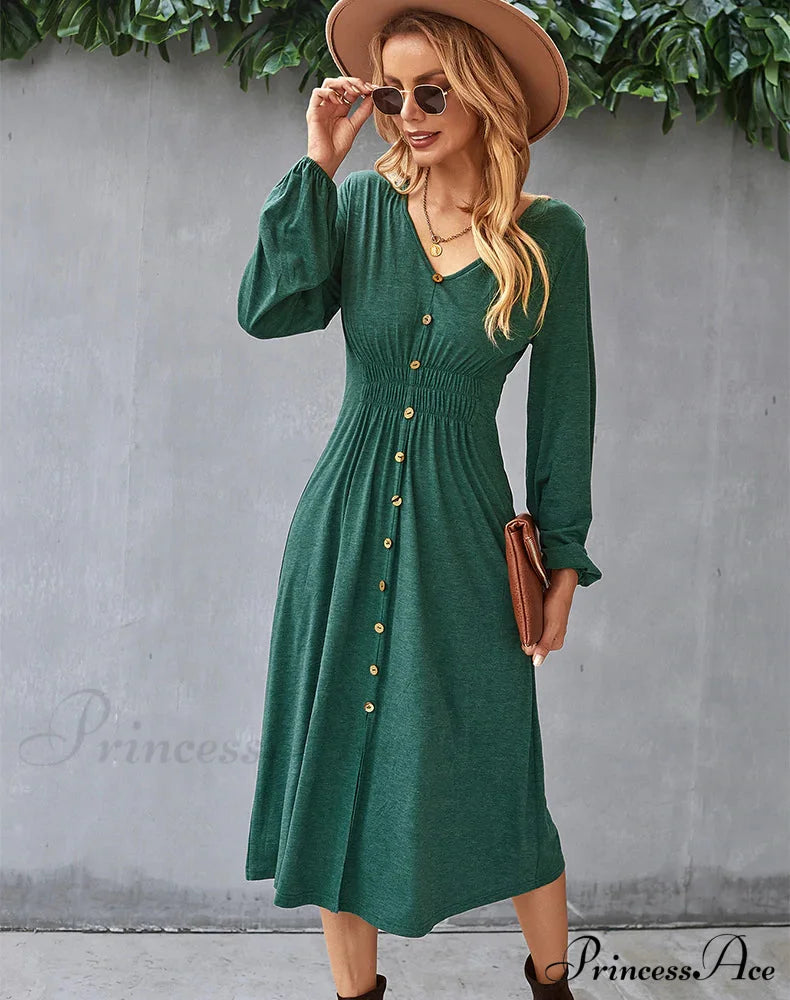 V-Neck Long Sleeve A-Line Dress S / Orange