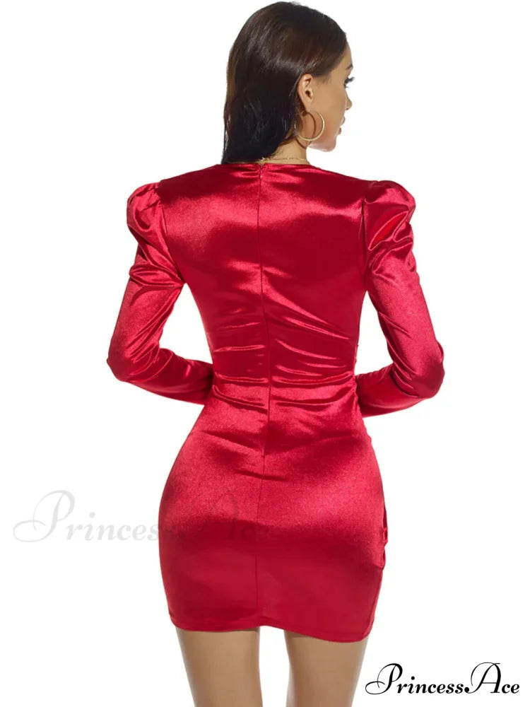 V-Neck Long Sleeve Dress For Parties M / Red