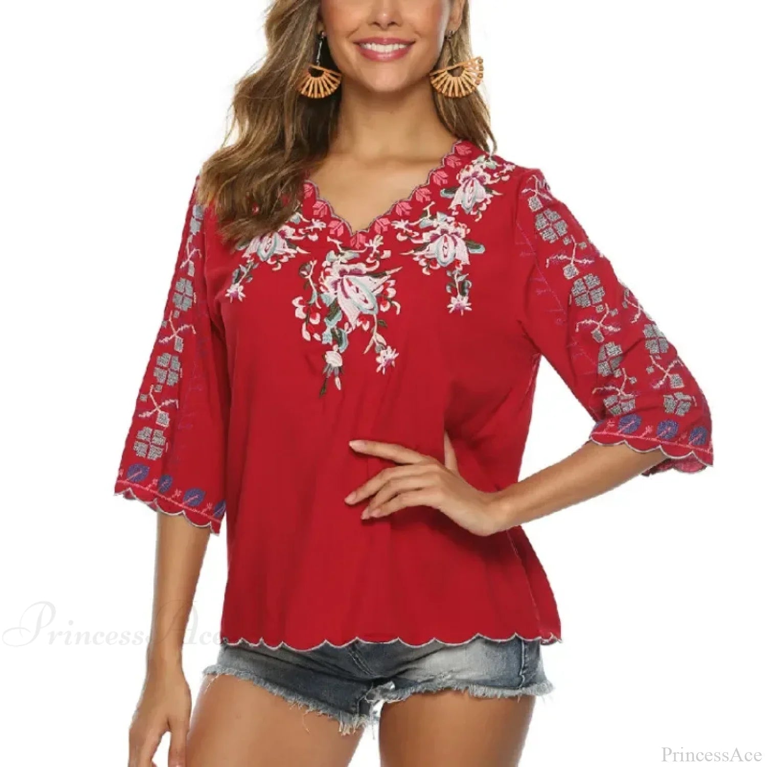V-Neck Loose Casual Cotton Floral Embroidery Boho Blouse Red / S bohoblouse-250126
