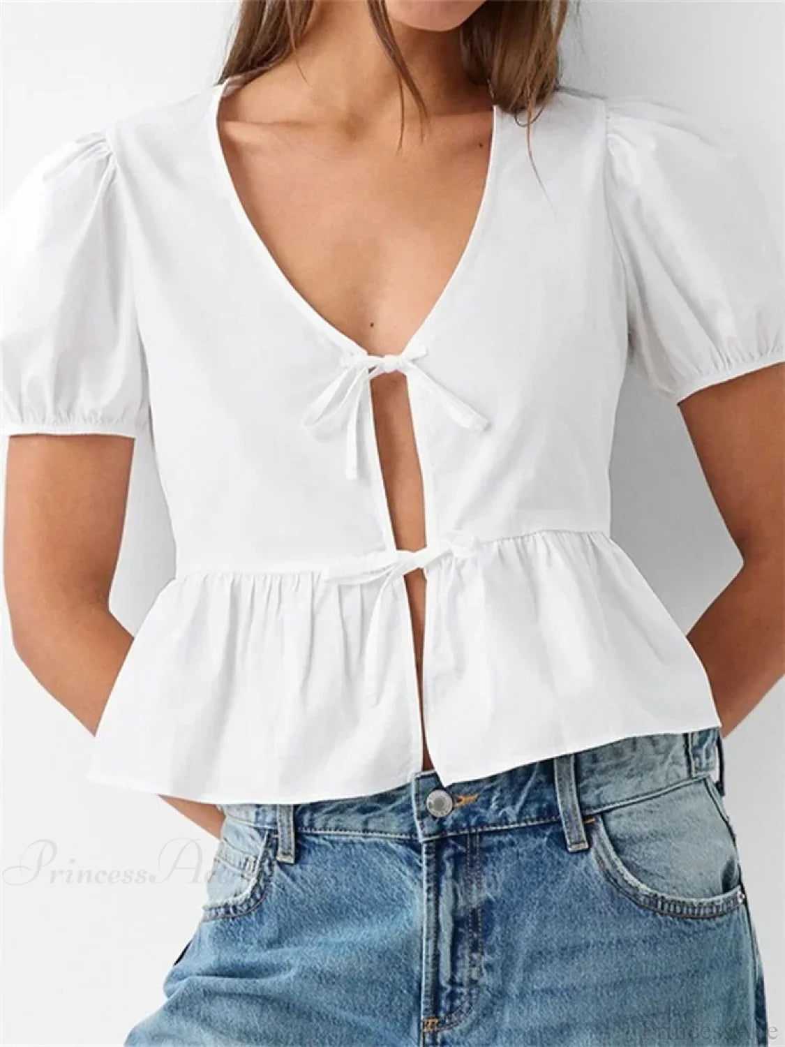 V-neck Open Front Tie-up Short Sleeve Blouse blouse-250126