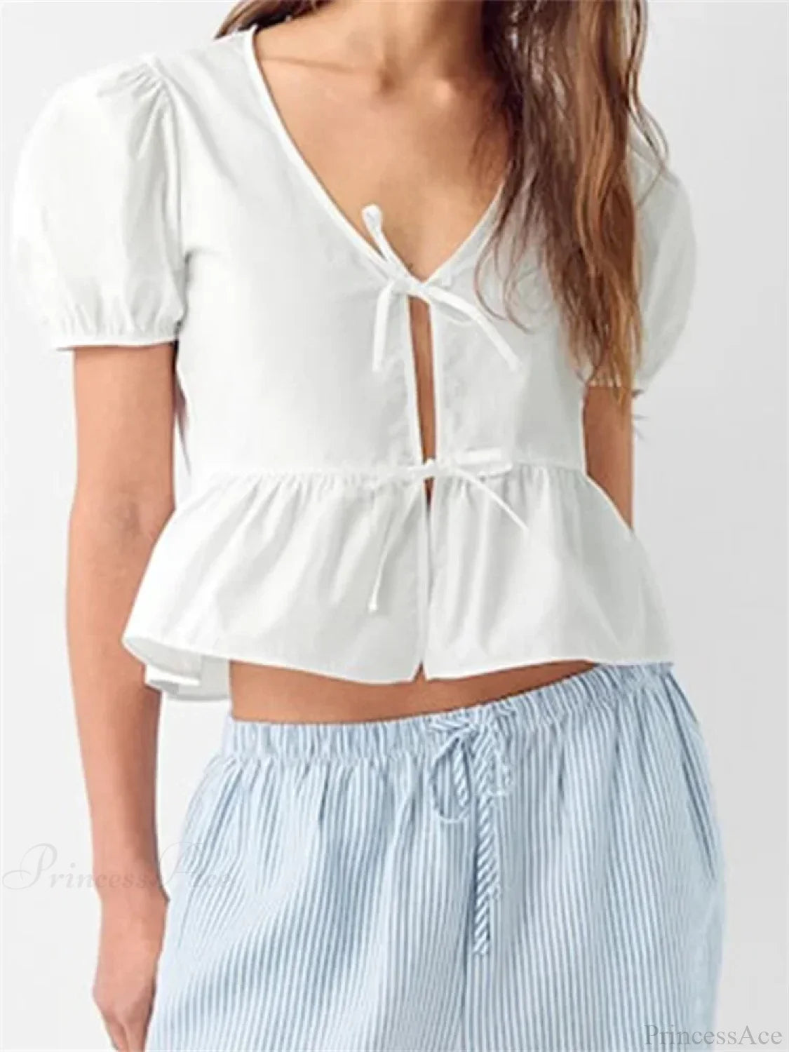 V-neck Open Front Tie-up Short Sleeve Blouse blouse-250126