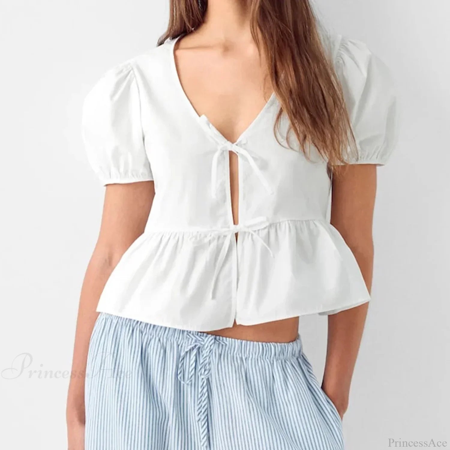 V-neck Open Front Tie-up Short Sleeve Blouse WHITE / S blouse-250126