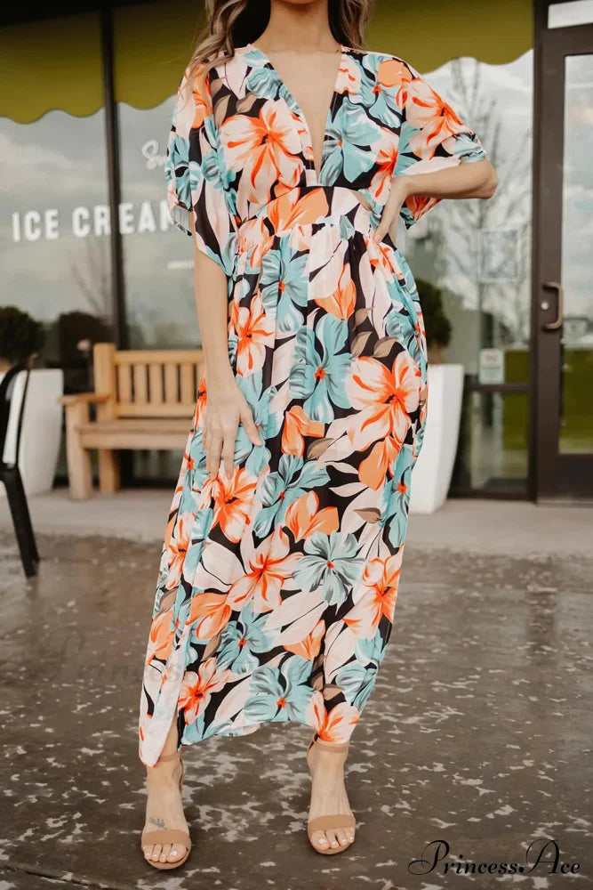 V Neck Print Cap Sleeve Slit Maxi Dress Floral Print Beach Dress