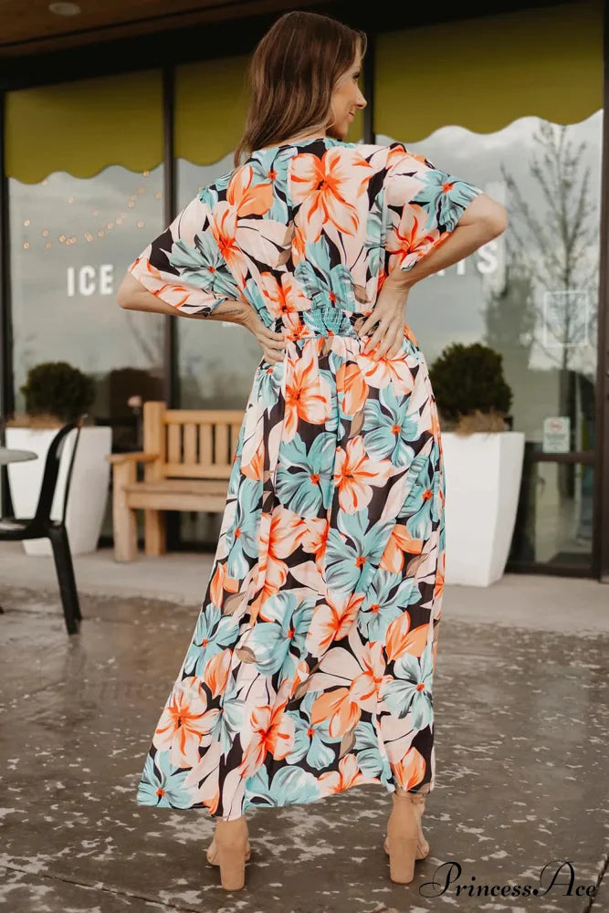 V Neck Print Cap Sleeve Slit Maxi Dress Floral Print Beach Dress