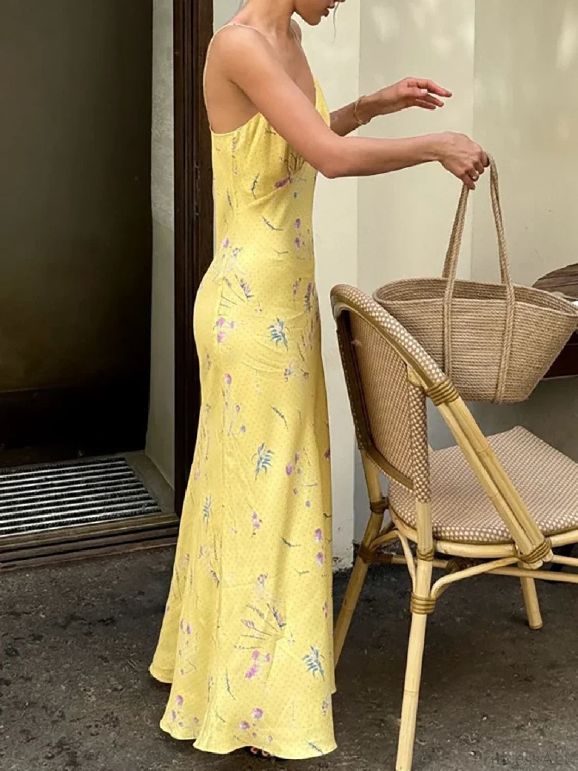 V-neck Print Floral Yellow Vacation Dress vacationdress-250223