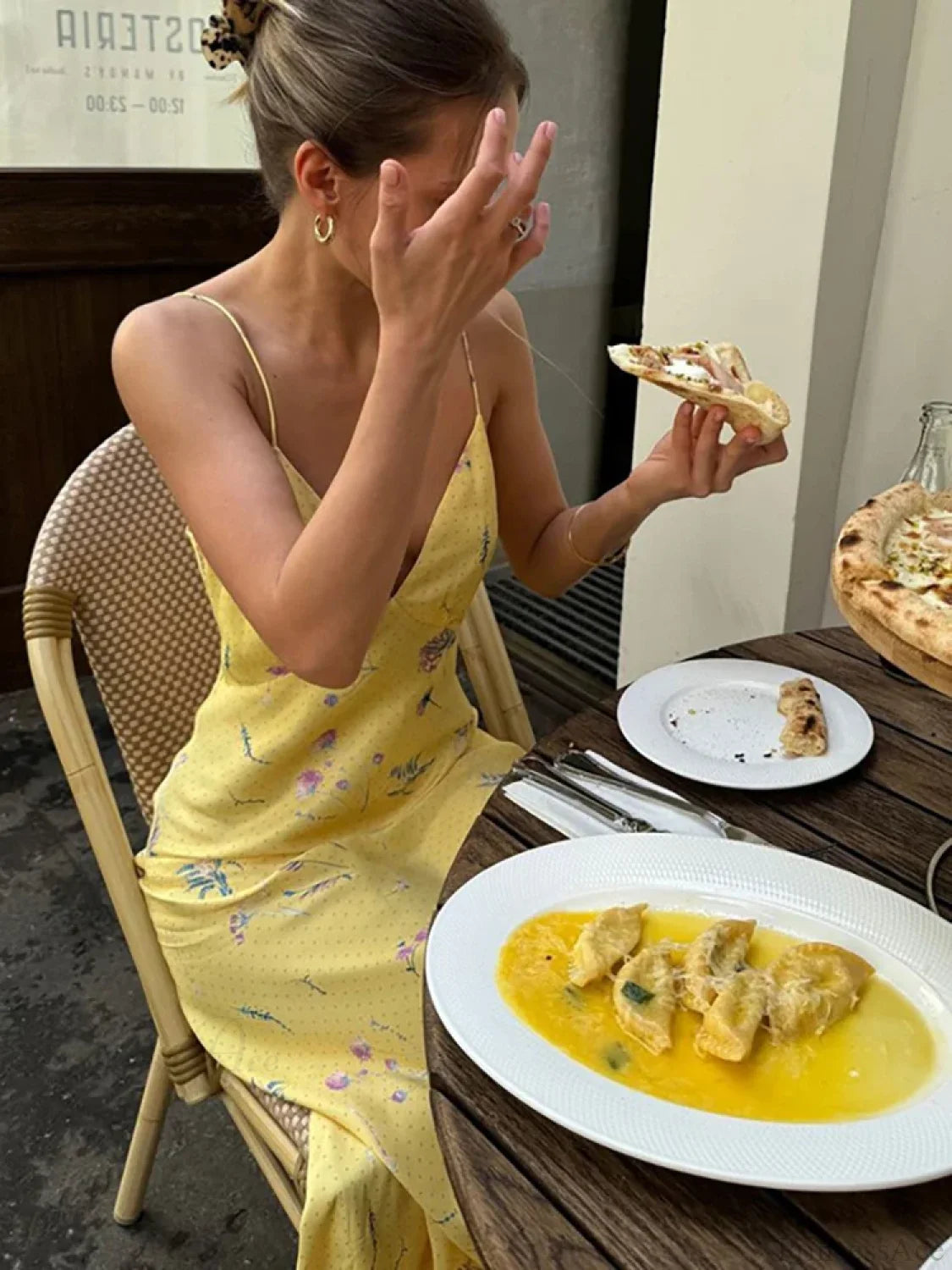 V-neck Print Floral Yellow Vacation Dress vacationdress-250223