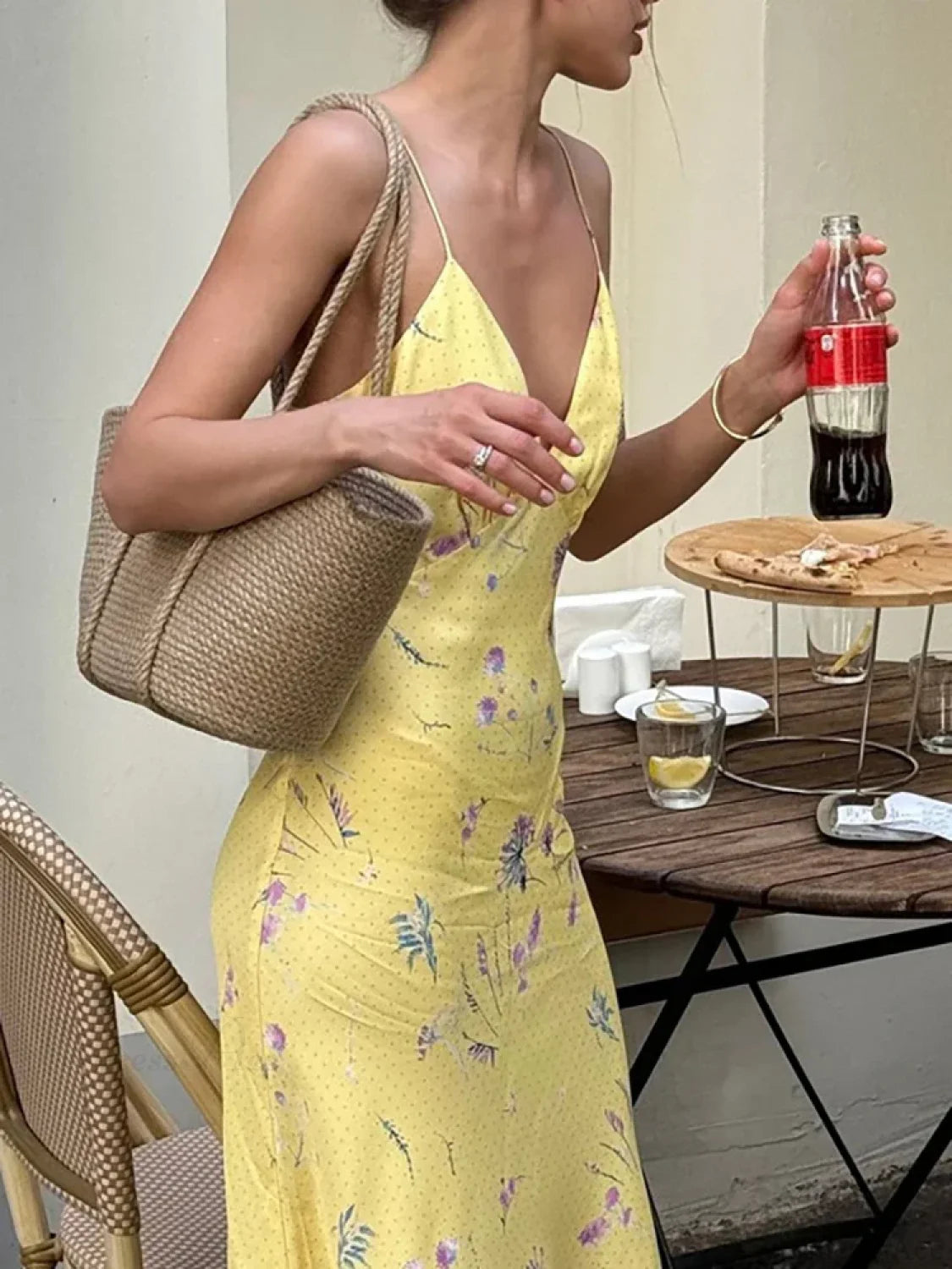 V-neck Print Floral Yellow Vacation Dress vacationdress-250223