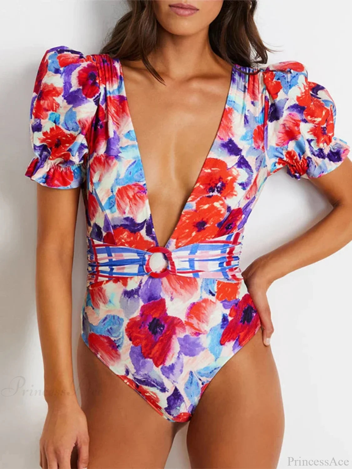 V-neck Printed Bubble Sleeve Swimsuit One Piece red / S onepiece-250223