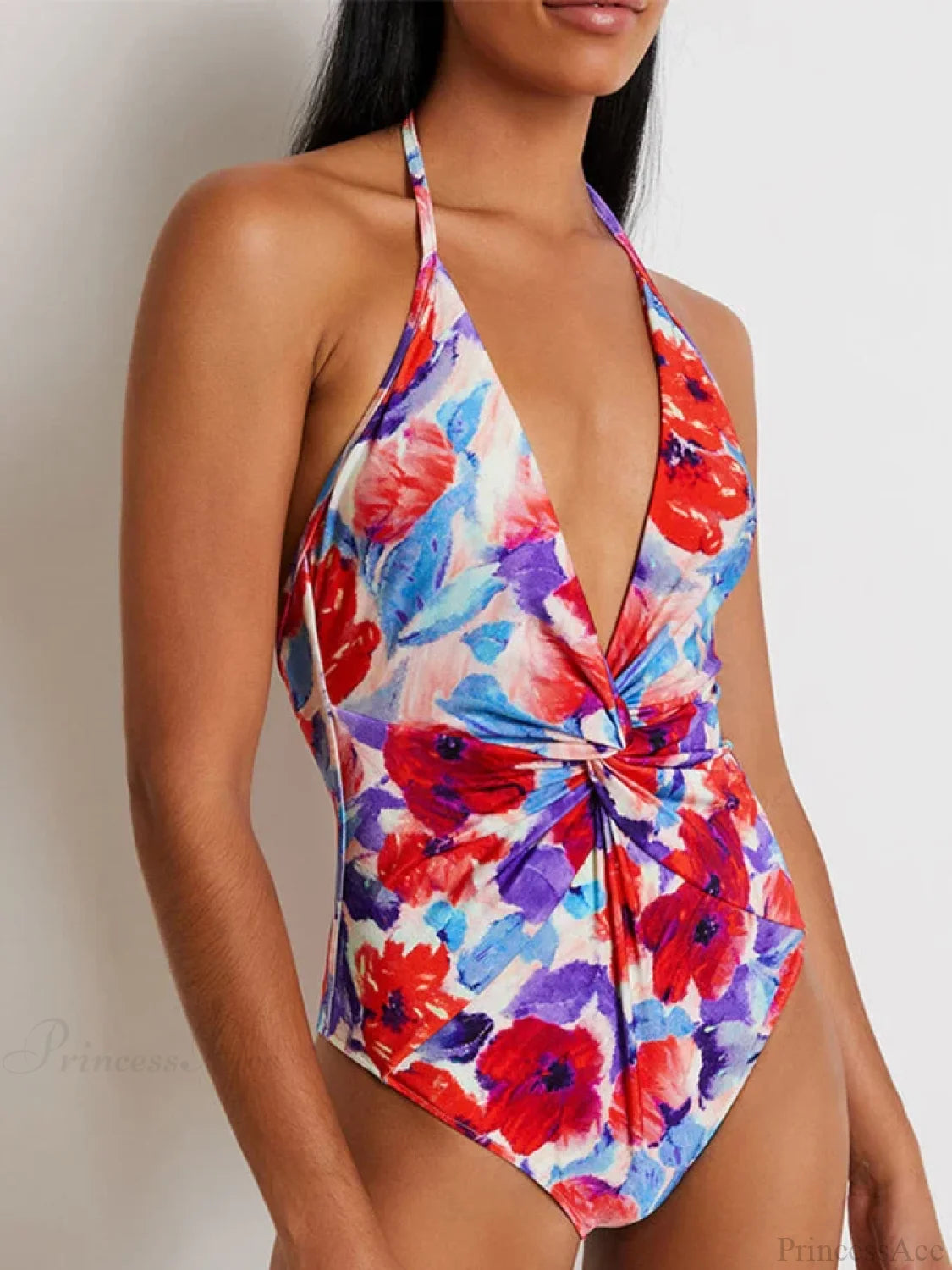 V-neck Printed Bubble Sleeve Swimsuit One Piece red2 / S onepiece-250223