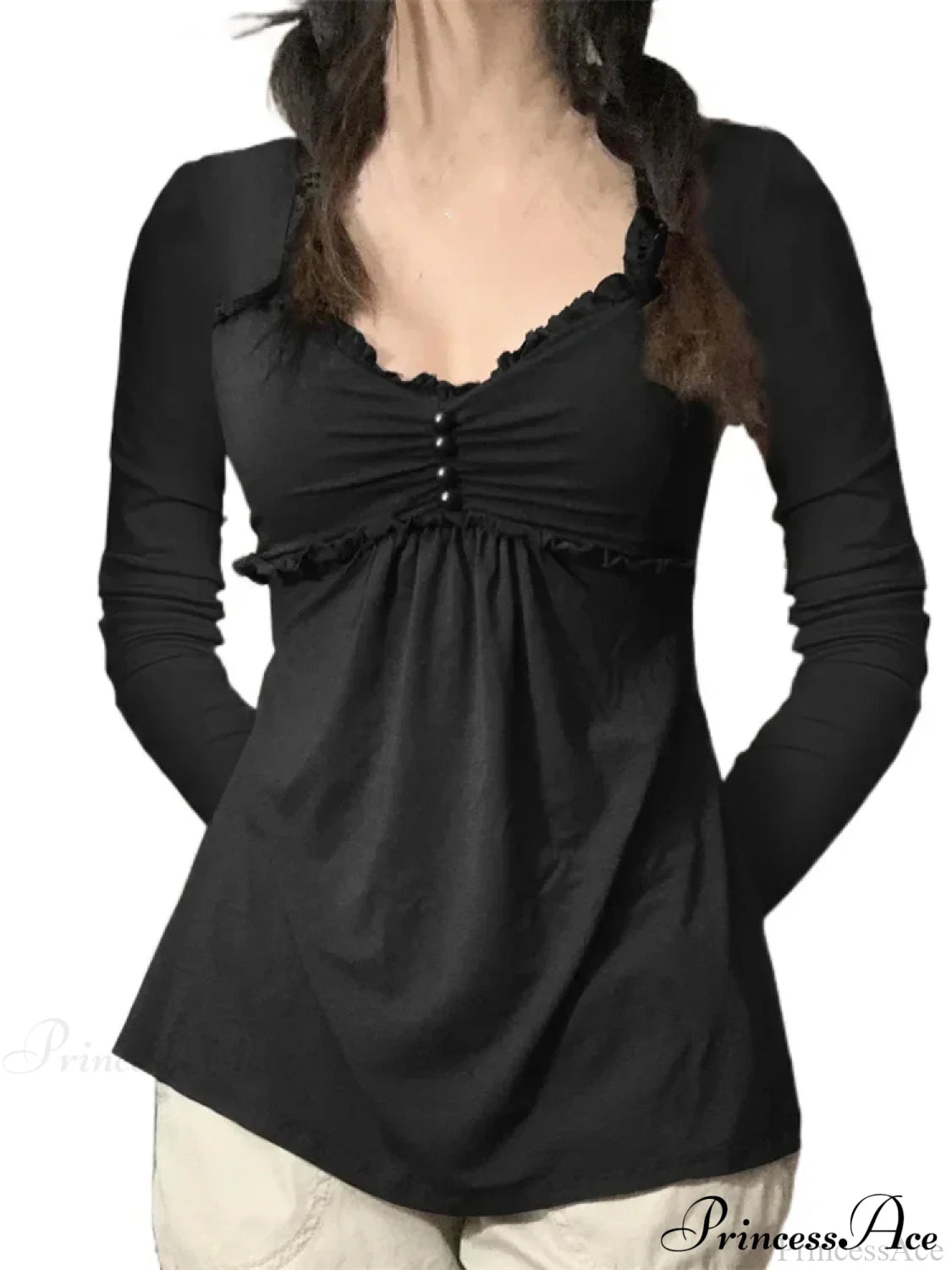 V-Neck Ruched Solid Color Vintage Buttons T-Shirts