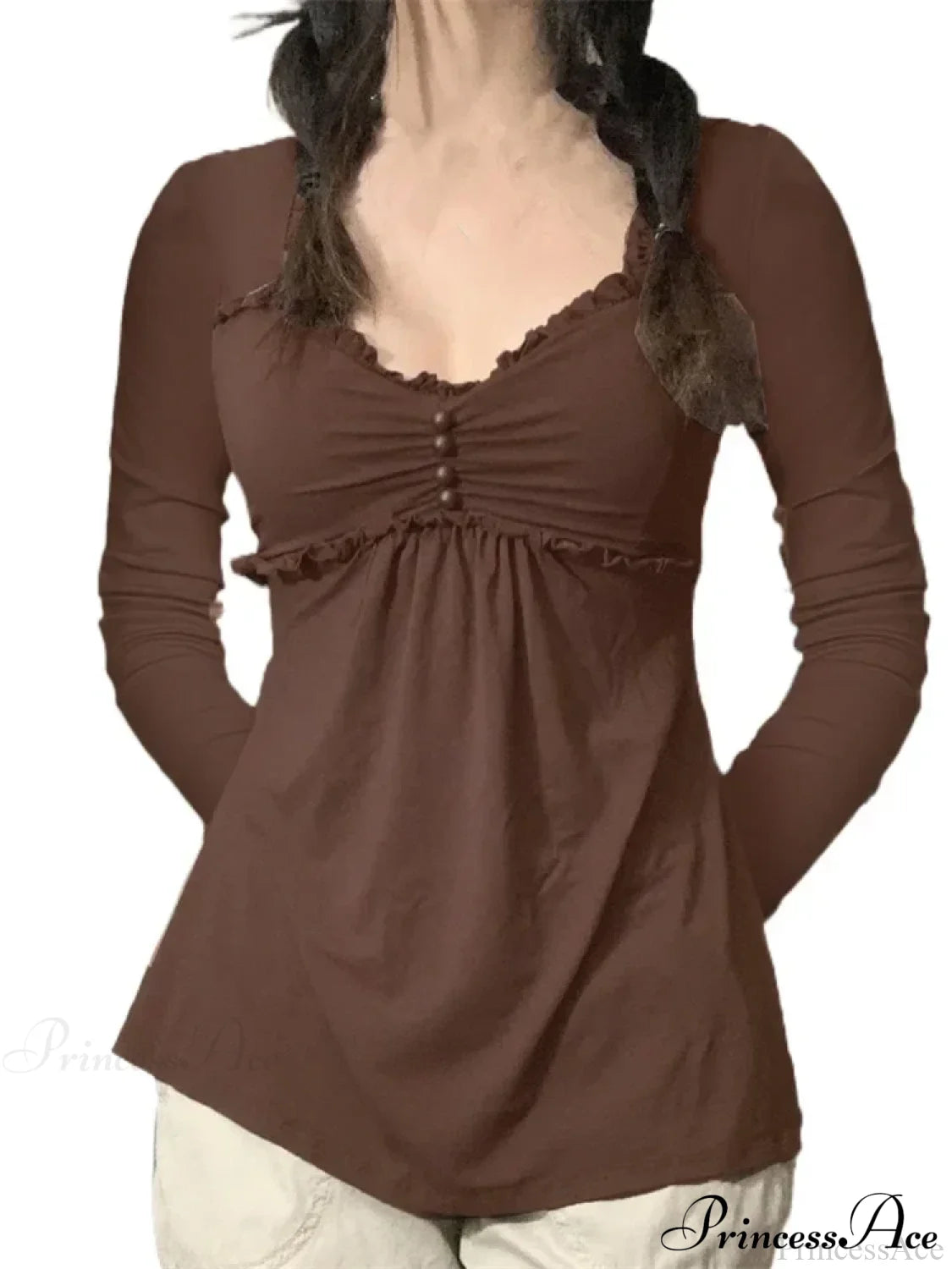 V-Neck Ruched Solid Color Vintage Buttons T-Shirts