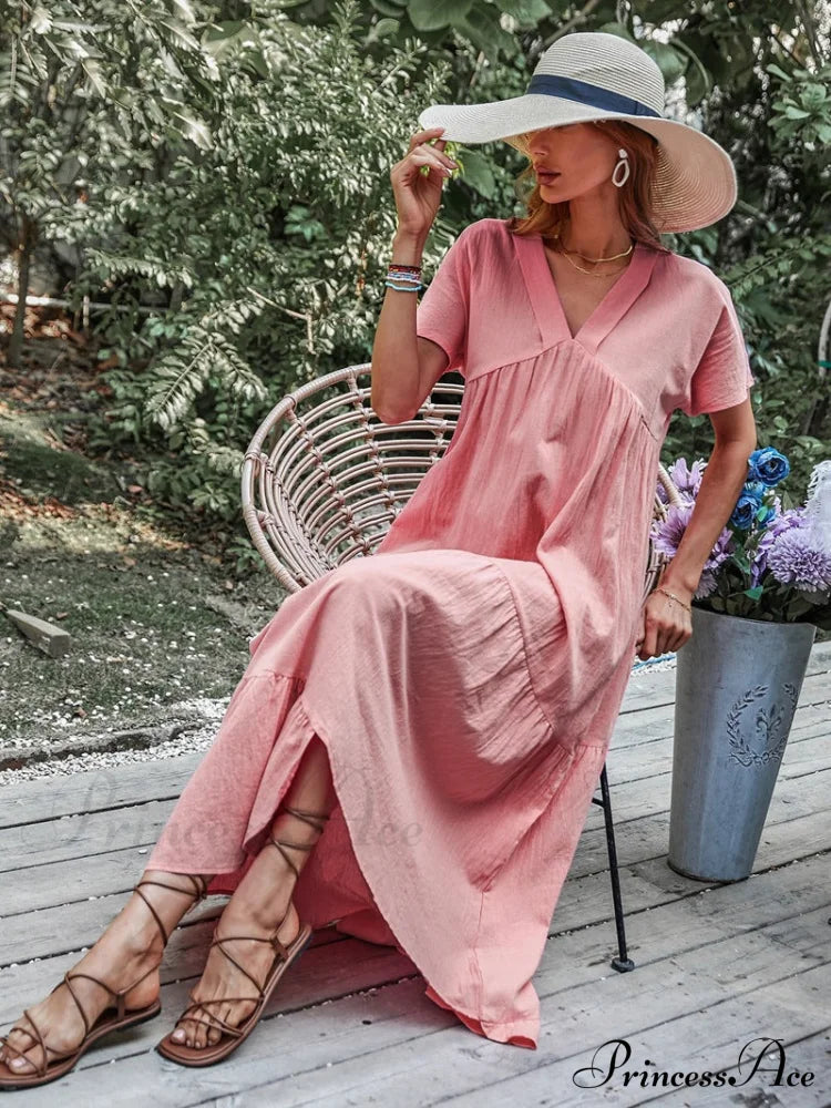 V Neck Ruffle Hem Smock Dress M / Pink V Neck Pink Maxi Dress