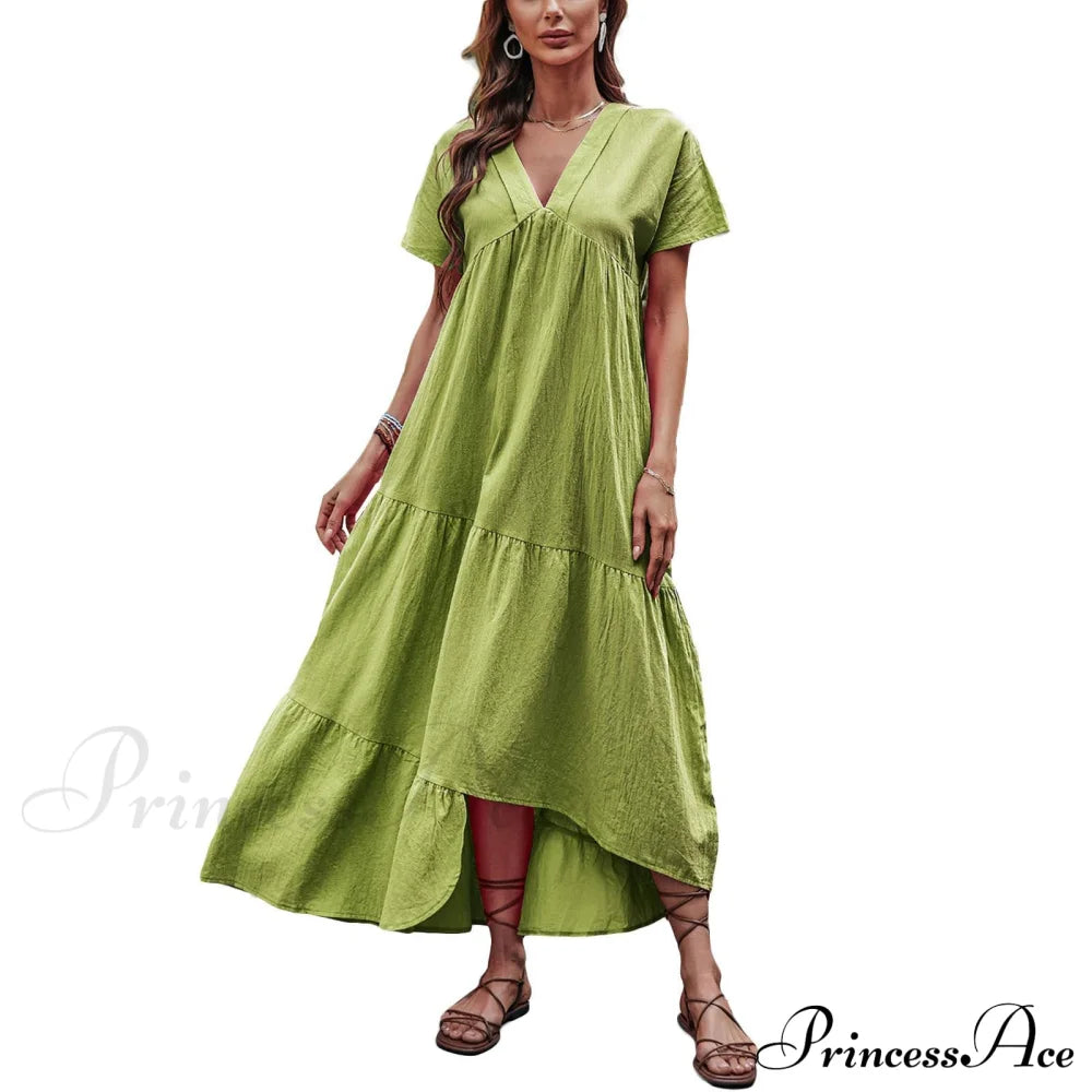 V Neck Ruffle Hem Smock Dress S / Blue V Neck Pink Maxi Dress