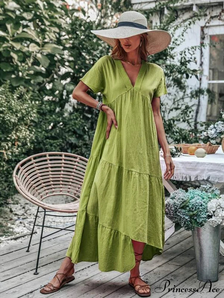 V Neck Ruffle Hem Smock Dress S / Hot Pink V Neck Pink Maxi Dress