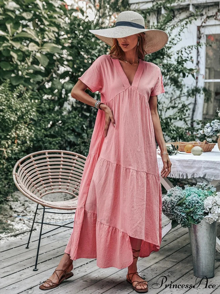 V Neck Ruffle Hem Smock Dress S / Pink V Neck Pink Maxi Dress