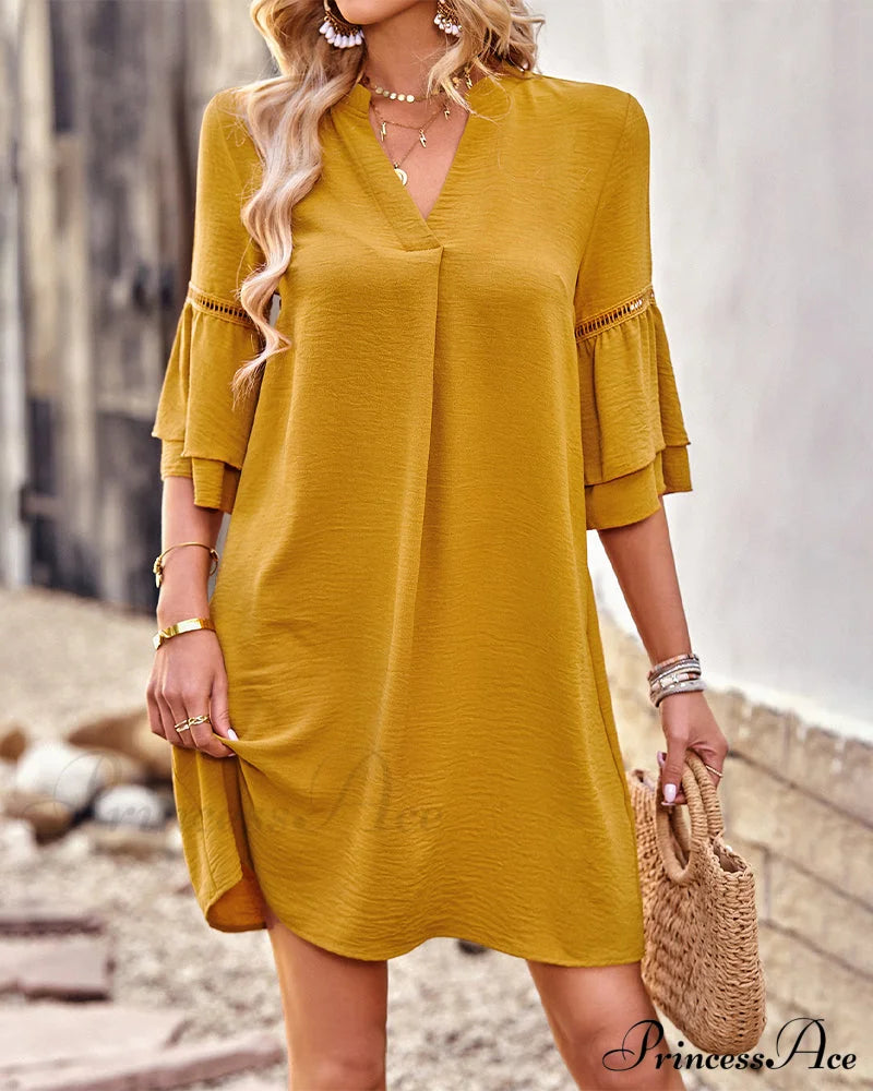 V-Neck Ruffle Sleeve Dress In Solid Color Casual Dresses