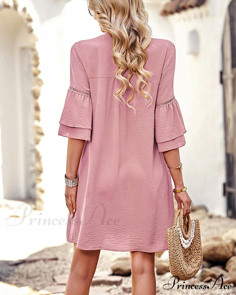 V-Neck Ruffle Sleeve Dress In Solid Color Casual Dresses