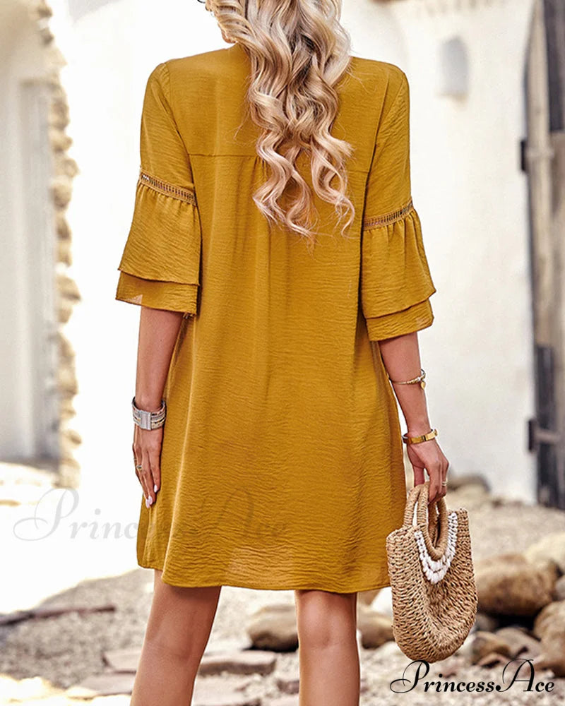 V-Neck Ruffle Sleeve Dress In Solid Color Casual Dresses