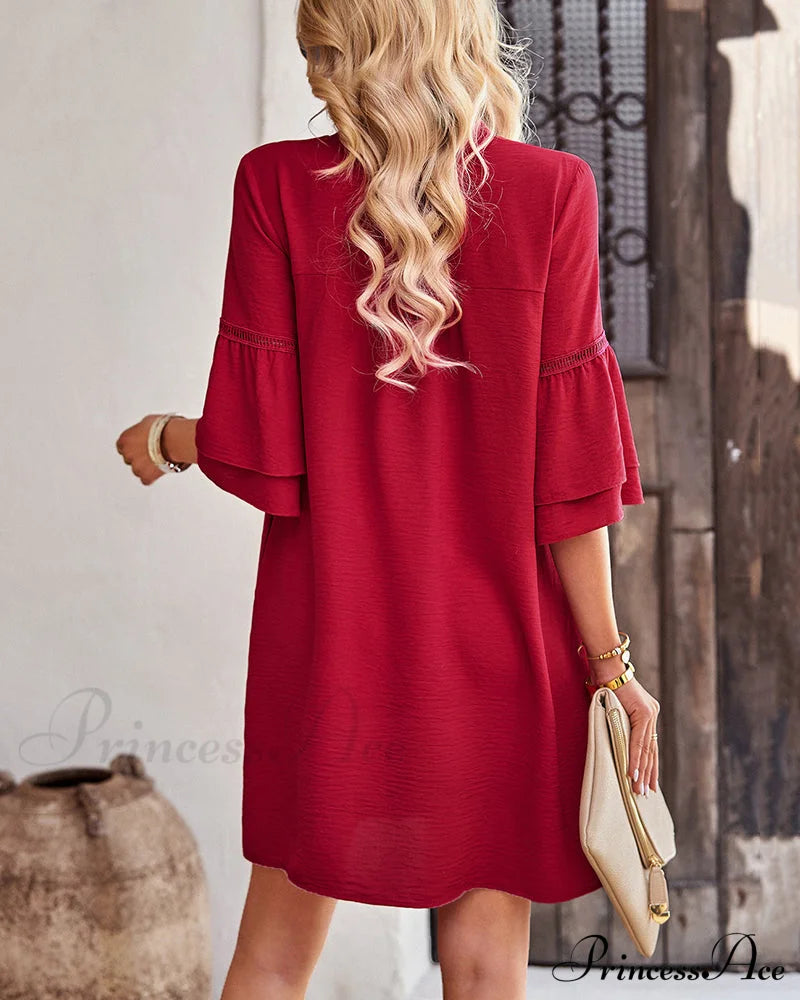 V-Neck Ruffle Sleeve Dress In Solid Color Casual Dresses