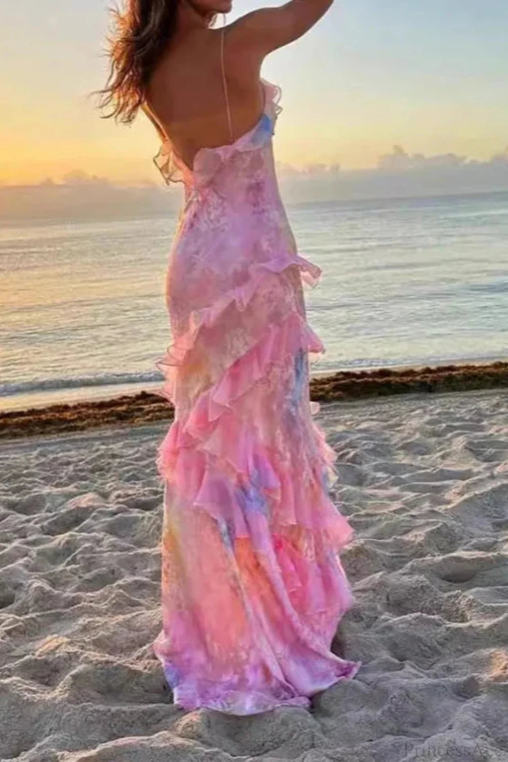 V Neck Ruffled Floral Print Vacation Dress vacationdress-250223