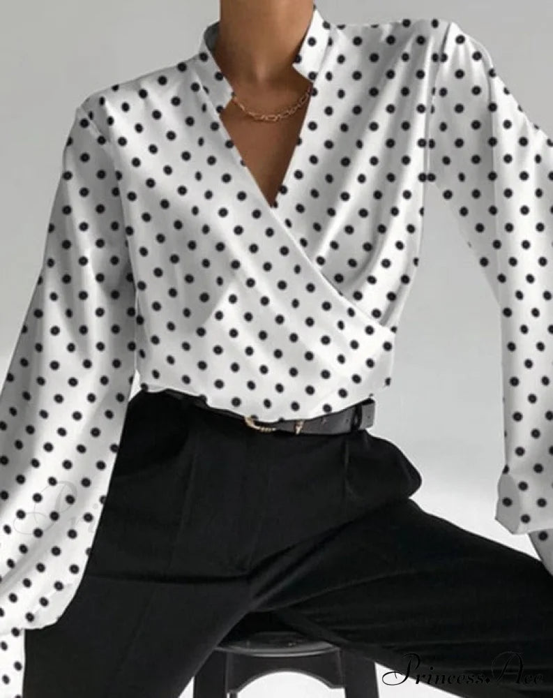 V-Neck Shirt - Tiara White (Polka Dot) / S Tops & Blouses