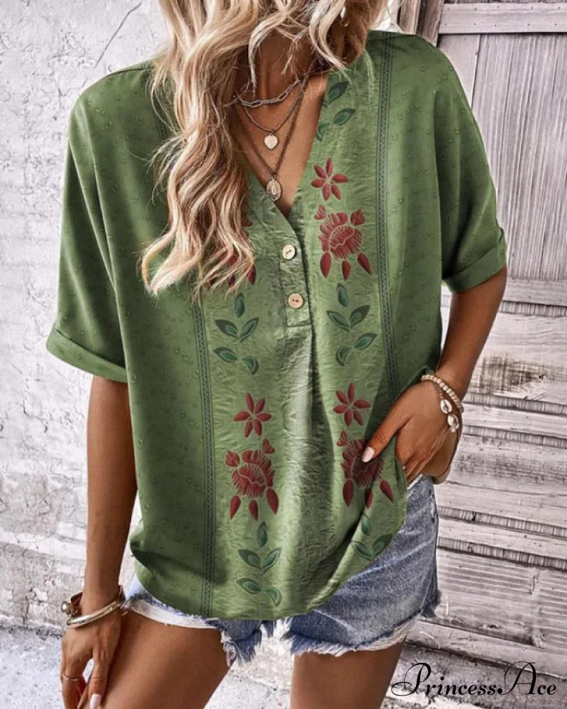 V-Neck Short-Sleeved Floral Tee T-Shirts