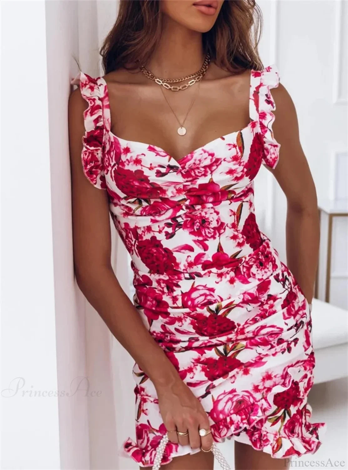 V-neck Sleeveless Ruffle Floral Printed Bodycon Floral Dress Rose Red / S floraldress-250126